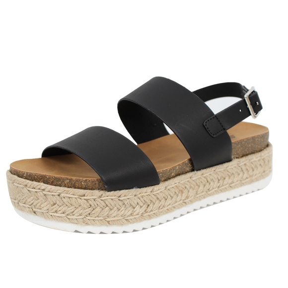 Shoes - Black Open Toe Espadrille Flatform Wedge